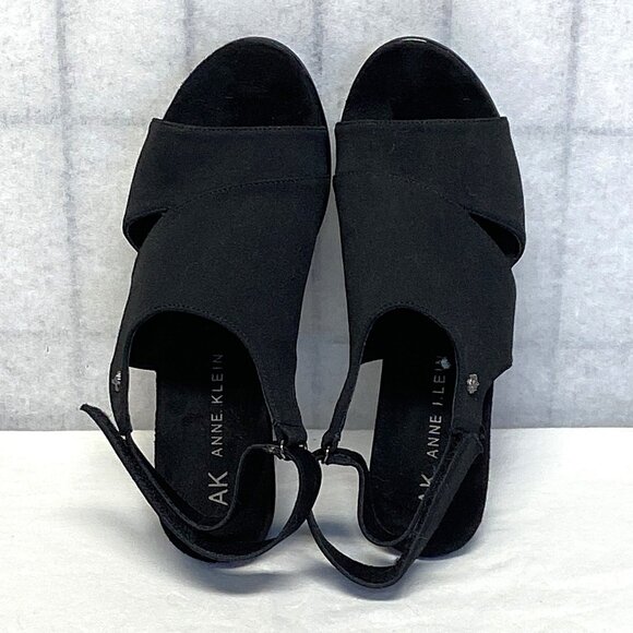 Anne Klein Faux Suede Patent Low Wedge Open Toe Sling Back Romeo Sandals Black - Picture 9 of 13